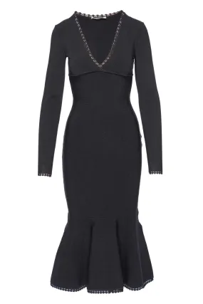 Black Long Sleeve V Neck Midi Dress