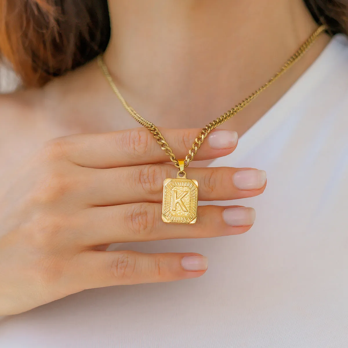 Initial Card Pendant Necklace with Curb Chain