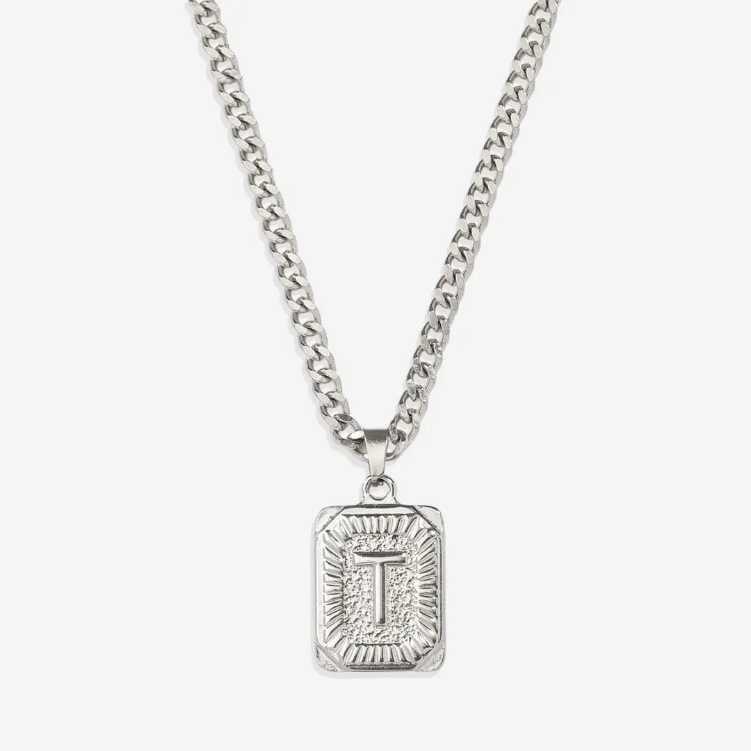 Initial Card Pendant Necklace with Curb Chain