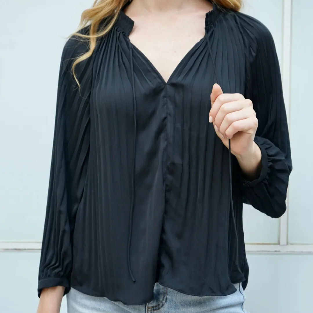 Pleated Shoulders Tie V-Neck Blouse