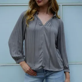 Pleated Shoulders Tie V-Neck Blouse