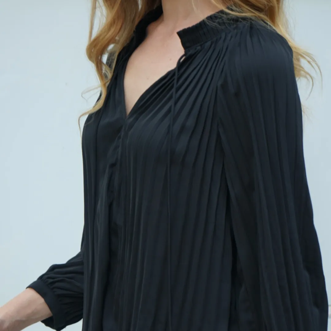 Pleated Shoulders Tie V-Neck Blouse