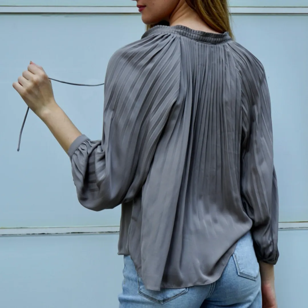 Pleated Shoulders Tie V-Neck Blouse